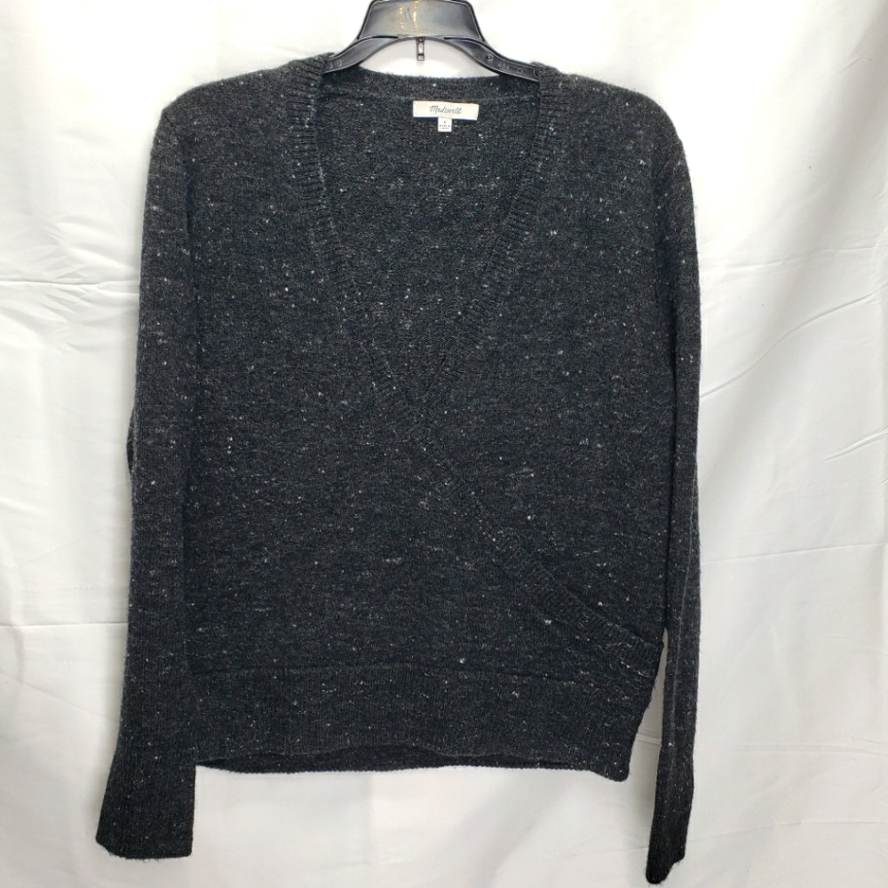 Madewell donegal wrap front pullover sweater  coziest yarn wool blend grey M